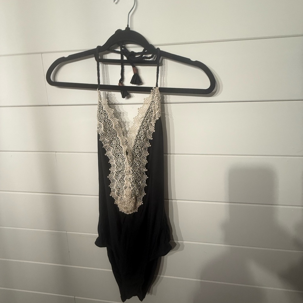Anthropologie Black and Cream Lace One Piece Swimsuit